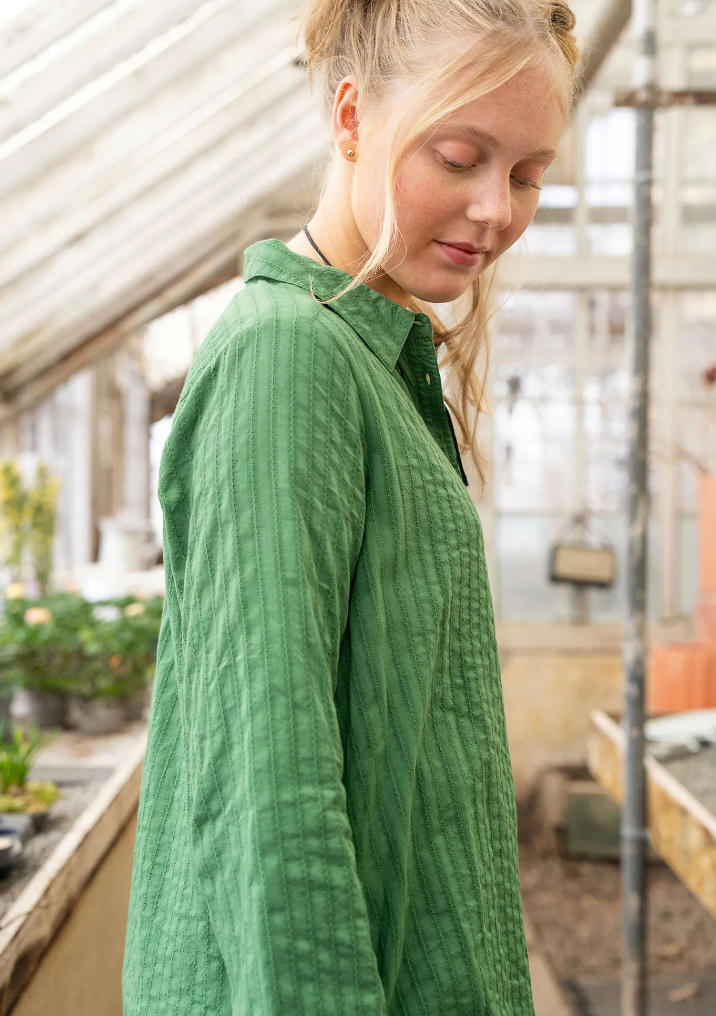 Gudrun Sjödén Pullover & Shirts|Kleider>Hemdblusenkleid „Värmland“ aus Bio-Baumwollgewebe Seegras