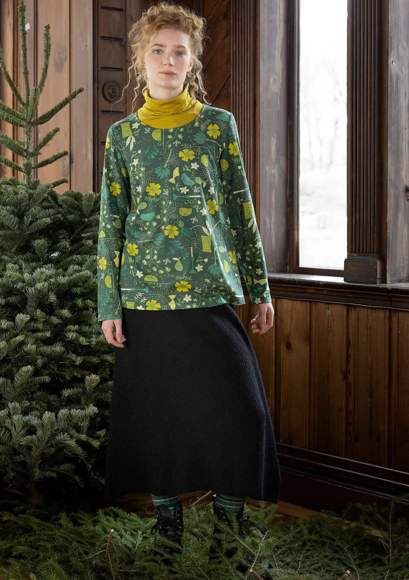 Gudrun Sjödén Pullover & Shirts>Jerseyshirt „Fyrverkeri“ aus Bio-Baumwolle/Modal Dunkelgrün