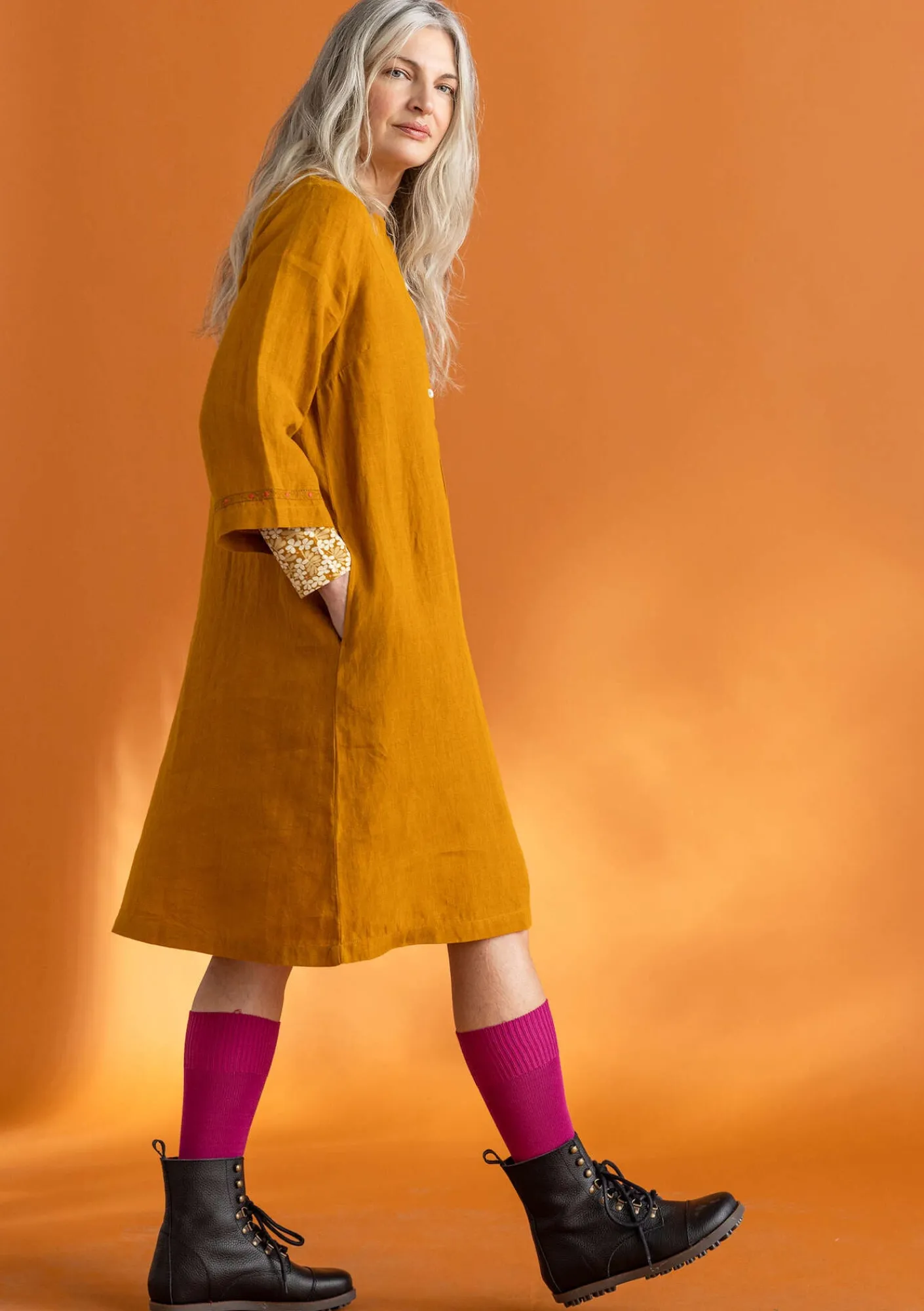 Gudrun Sjödén Kleider>Kleid „Asta“ aus Leinengewebe Senf